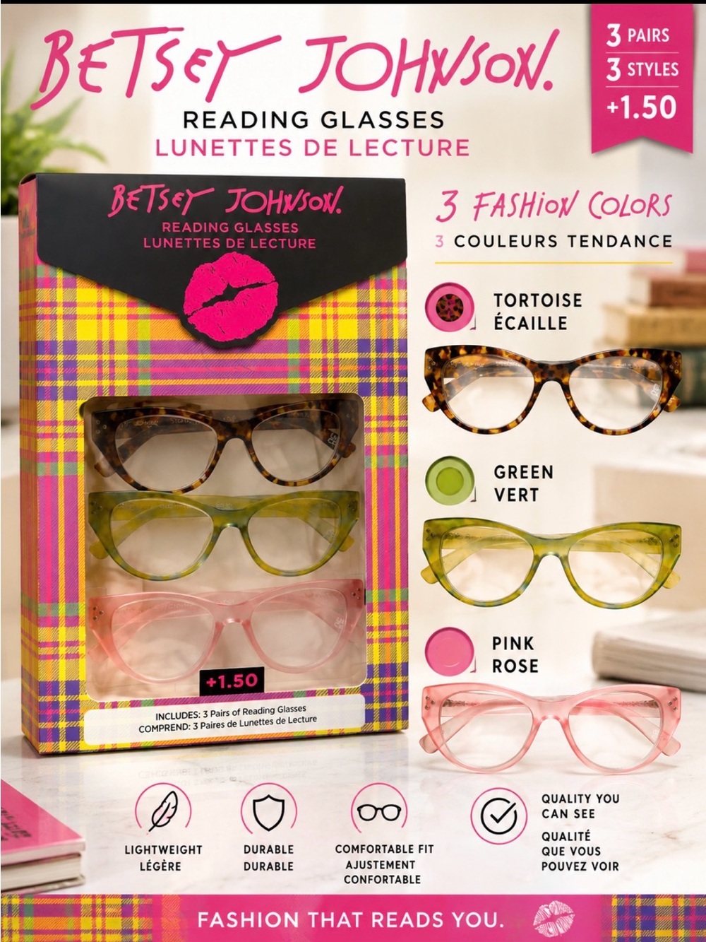 Betsey Johnson 3-Pack Reading Glasses — Tortoise, Green, Pink